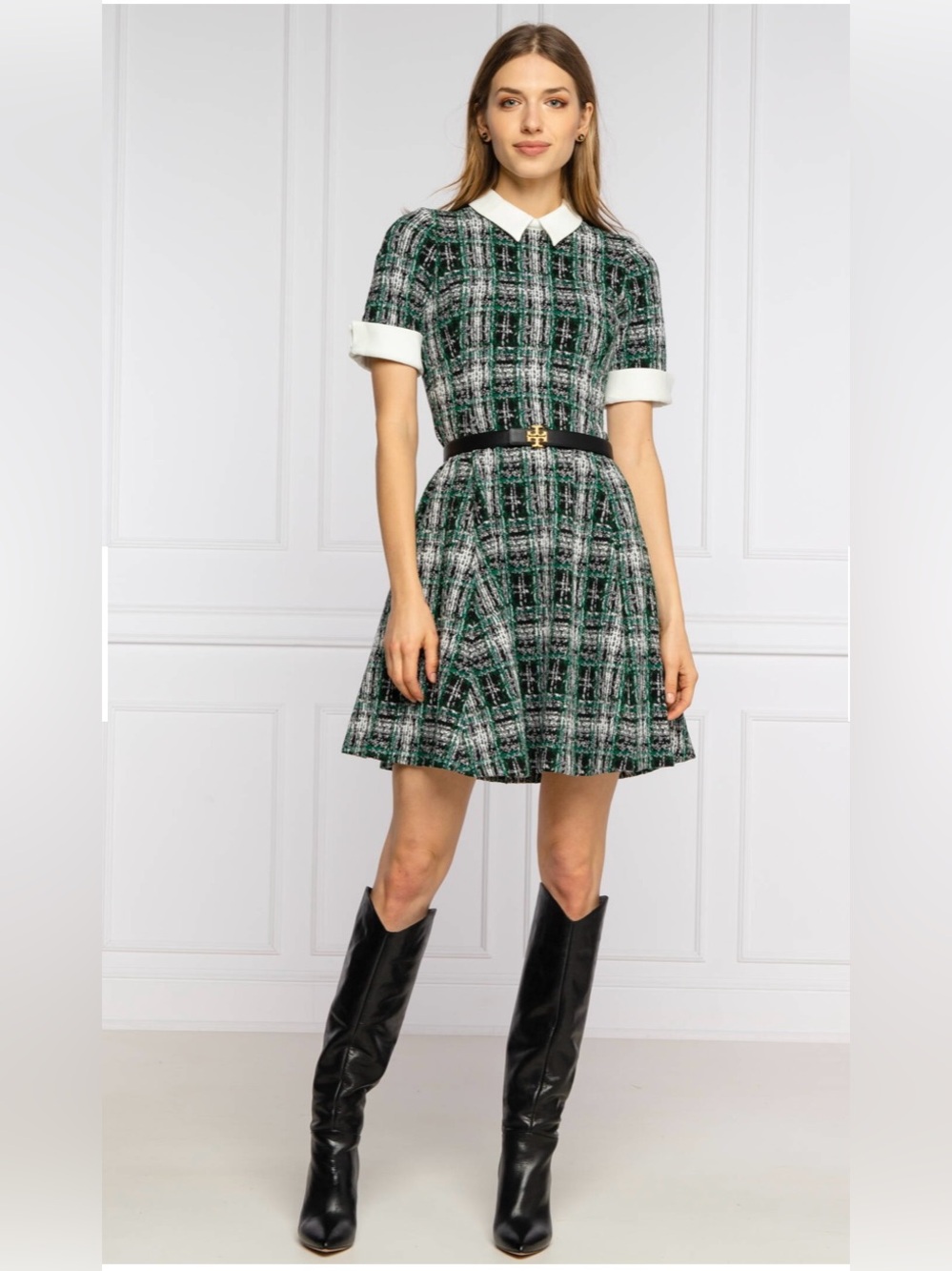DKNY Black, Green & White Plaid Tweed Mini Dress